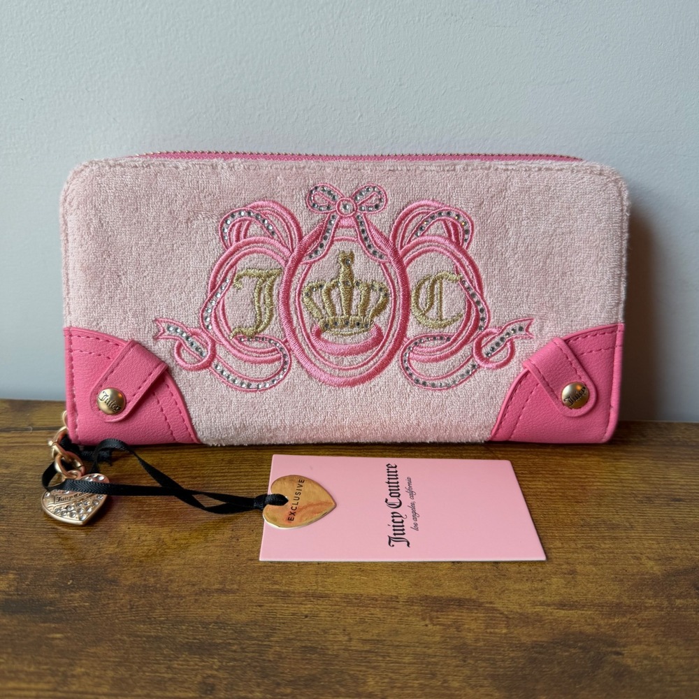 New Juicy Couture Lovers Club Long Wallet Pink Diamond Viral Gold Crown